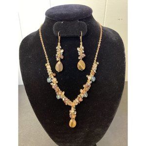 Avon 2005 Genuine Tiger's Eye Accented Necklace & Earrings Y-Drop Beaded Fringe